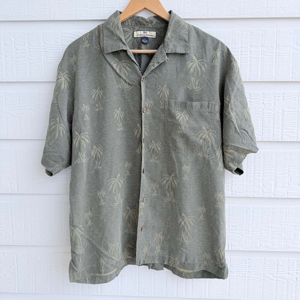 Tommy Bahama Medium 100% Silk Tropical Palm Jacquard Camp Shirt Resort Coastal